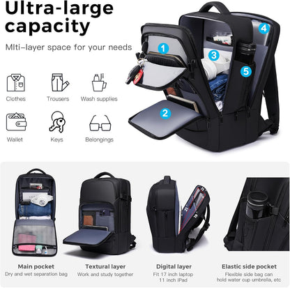 Travel Backpack for Men, 17.3 Inches Business Laptop Backpack Water-Resistant Carry on Airline Approved 18x14x8 Luggage Backpack with USB Charger Port