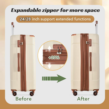 Merax 24 Inch Expandable Checked Luggage, Hardshell ABS Medium Suitcase with Spinner Wheels, TSA Lock, Lightweight Durable Travel Suitcase for Men Women(White Brown)