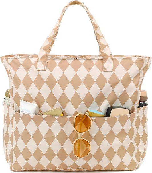 LEDAOU Large Beach Tote Bag Women Waterproof Sandproof Zipper Beach Tote Bag for Pool Gym Grocery Travel with Wet Pocket