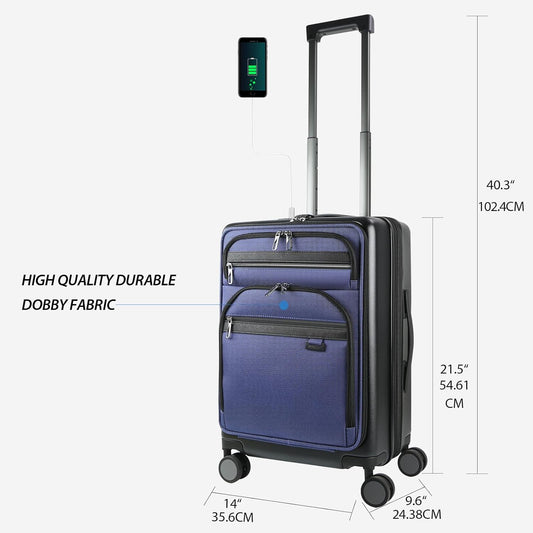KROSER Hardside Expandable Carry On Luggage 22x14x9 Airline Approved With Front Business Pockets, 20 Inch Suitcases with Wheels, Carry on Suitcase with TSA Lock & USB Port, Black-Haze Blue
