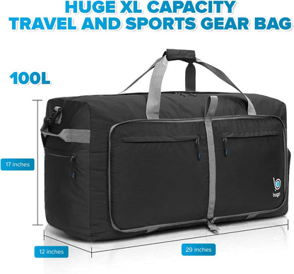 Bago Large Foldable Duffel Bags for Traveling Women & Men - 120L Packable Duffle Bag for Travel with Shoe Compartment - Water Repellant, Heavy Duty, Lightweight Folding & Collapsible (Black)