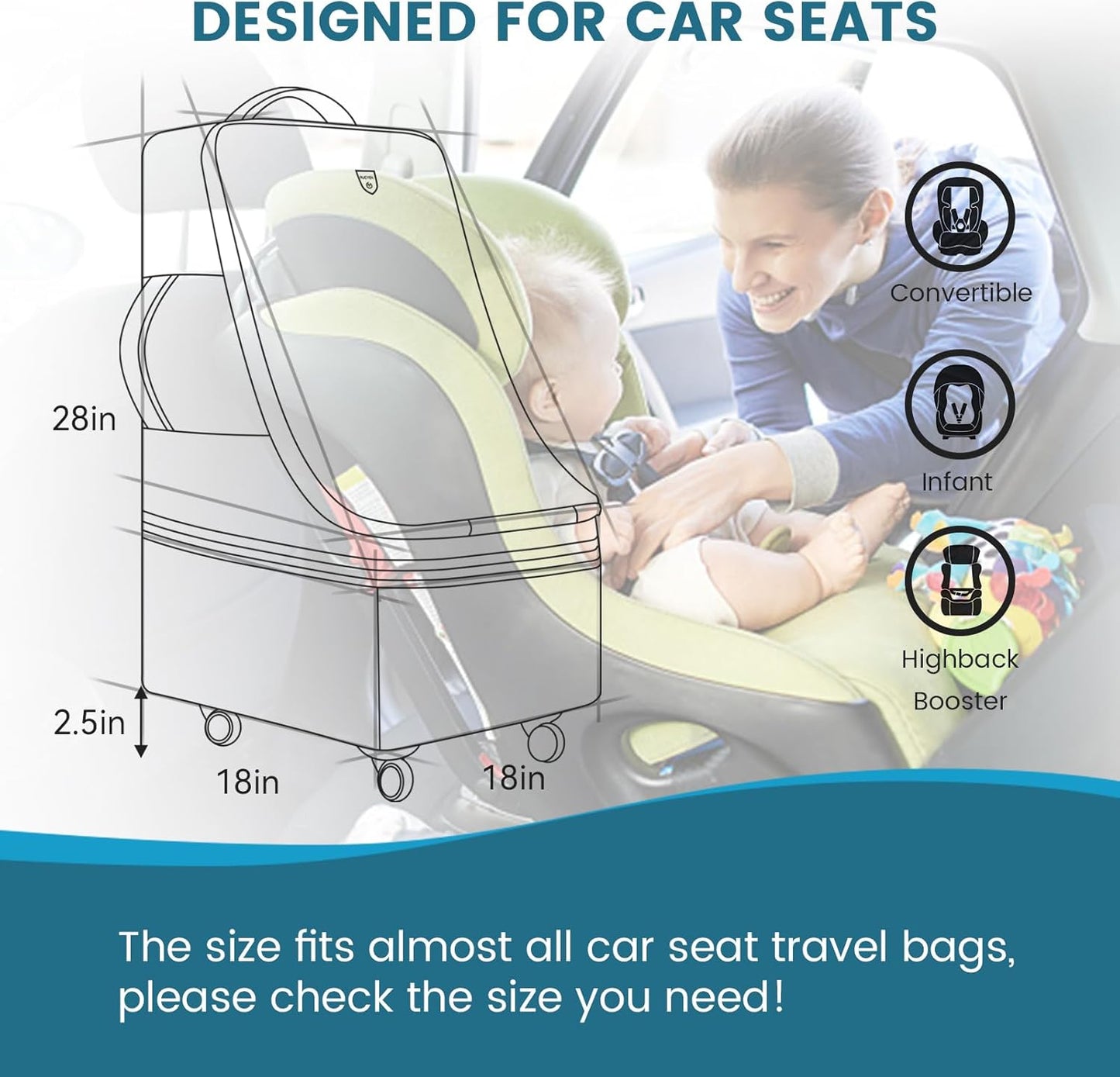 Rolling Car Seat Travel Bag, Padded Carseat Travel Backpack for Airplane,Large Durable Travel Bag with 4 Wheels,Adjustable Shoulder Strap and Waterproof Base Dark Grey