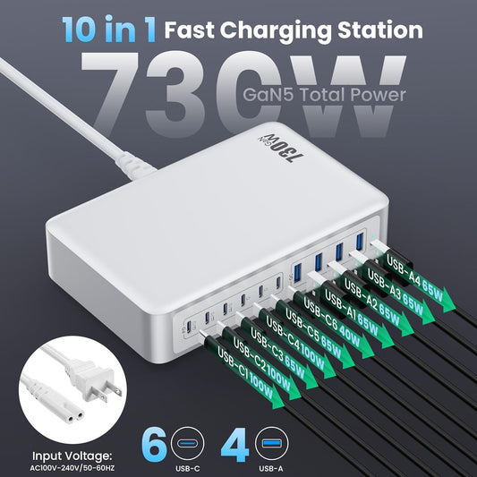 730W USB C Charger Block,10-Ports GaN V Fast Charging Station Hub,QC4.0+Three PD 100W Laptop Charger Wall Power Adapter for MacBook Pro/Air,DELL,iPhone 17/16/15,iPad,Galaxy S25,Pixel,Steam Desk etc
