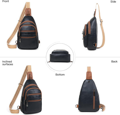 Sling Bag for Women Crossbody Fanny Pack Belt Bag Sling Purse Vegan Leather Trendy Travel Anti Theft Brown/Black