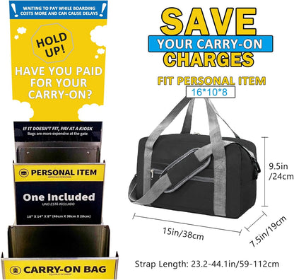 For Spirit Airlines Personal Item Bag 16x10x8 in Underseat Carry-on Luggage foldable Travel Duffle Bag for Airplanes(20L, Black)