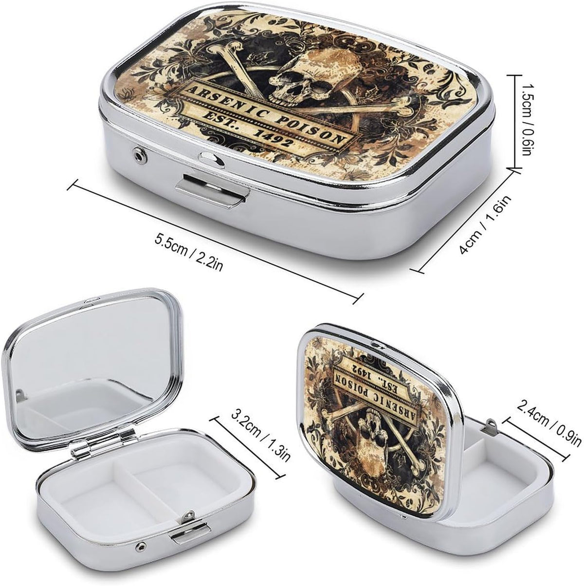 Metal 2 Compartment Pill Organizer Travel Friendly Portable Compact Pill Box Cute Pill Case to Hold Vitamins,Fish Oil,Supplements,Meds,Tablet for Purse,Pocket. (1492.)