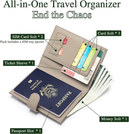 Passport Wallet for Women – Slim RFID Blocking Passport Cover with 1 Passport Slot & 3 Card Slots, Coin Pocket & SIM Slot – Genuine Leather Travel Organizer Grey