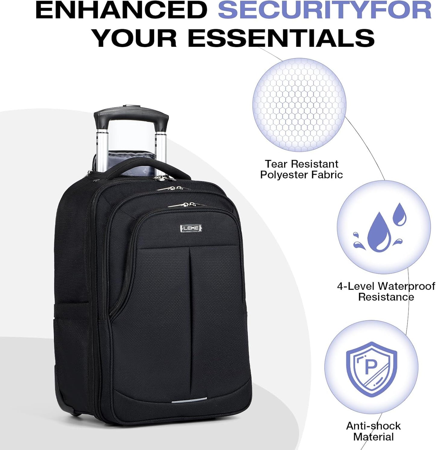 Rolling Backpack for Adults,17 Inch Waterproof Underseat Carry On Luggage, Wheeled Carry-on Luggage, Travel Backpack for Men Women， Trolley Laptop， Black Medium