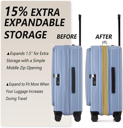 24 Inch Top Opening Checked Travel Luggage Expandable with Spinner Wheels,All PC Hard Shell Hardside Lightweight Medium Suitcase with TSA Approved Cup Holder for Business Trips Woman Men,Blue