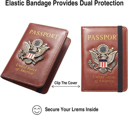 Passport Holder for Travel Passport Cover for Men Passport Wallet Case With 3D Metal Badge Protector Leather Card Case RFID Blocking Women Travel Accessories Document Organizer (Brown)