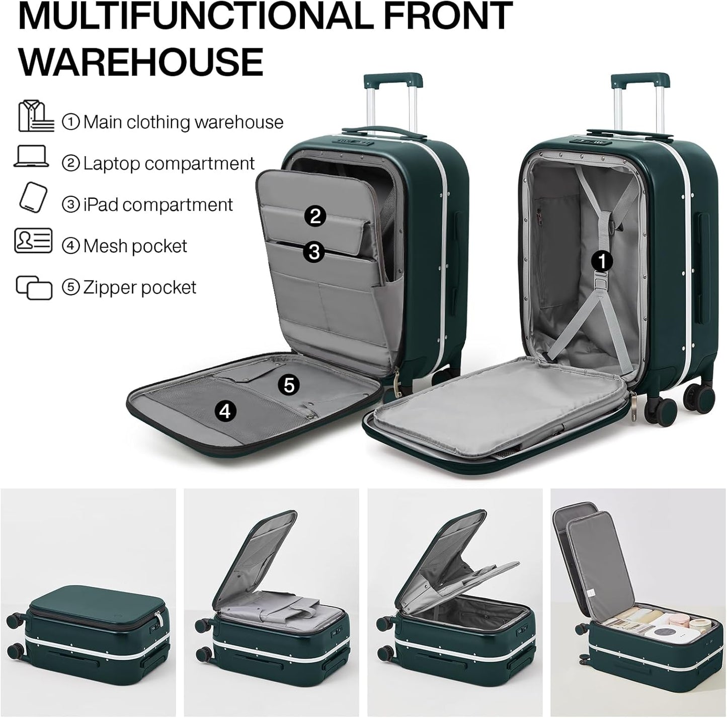 mixi Luggage Suitcase with Spinner Wheels, 24'' Checked Travel Luggage Aluminum Frame PC Hardside with TSA Lock & Cover - Blackish Green