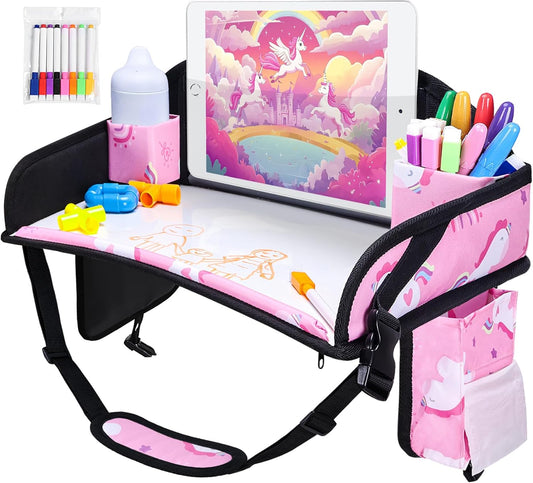 Kids Travel Tray, Car Seat Tray for kids Travel, Toddler Road Trip Essentials With Drawing Kit, Toddler Lap Desk Organizer for Car, Carseat Table for Airplane