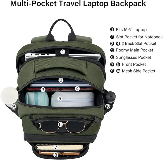 Hanke College Laptop Backpack Multi-Pocket, 18-Inch Large Travel Backpack for Men Women, Water Resistant College Bookbag for 15.6 Inch Laptop, Casual Daily Personal Item Size,Army Green