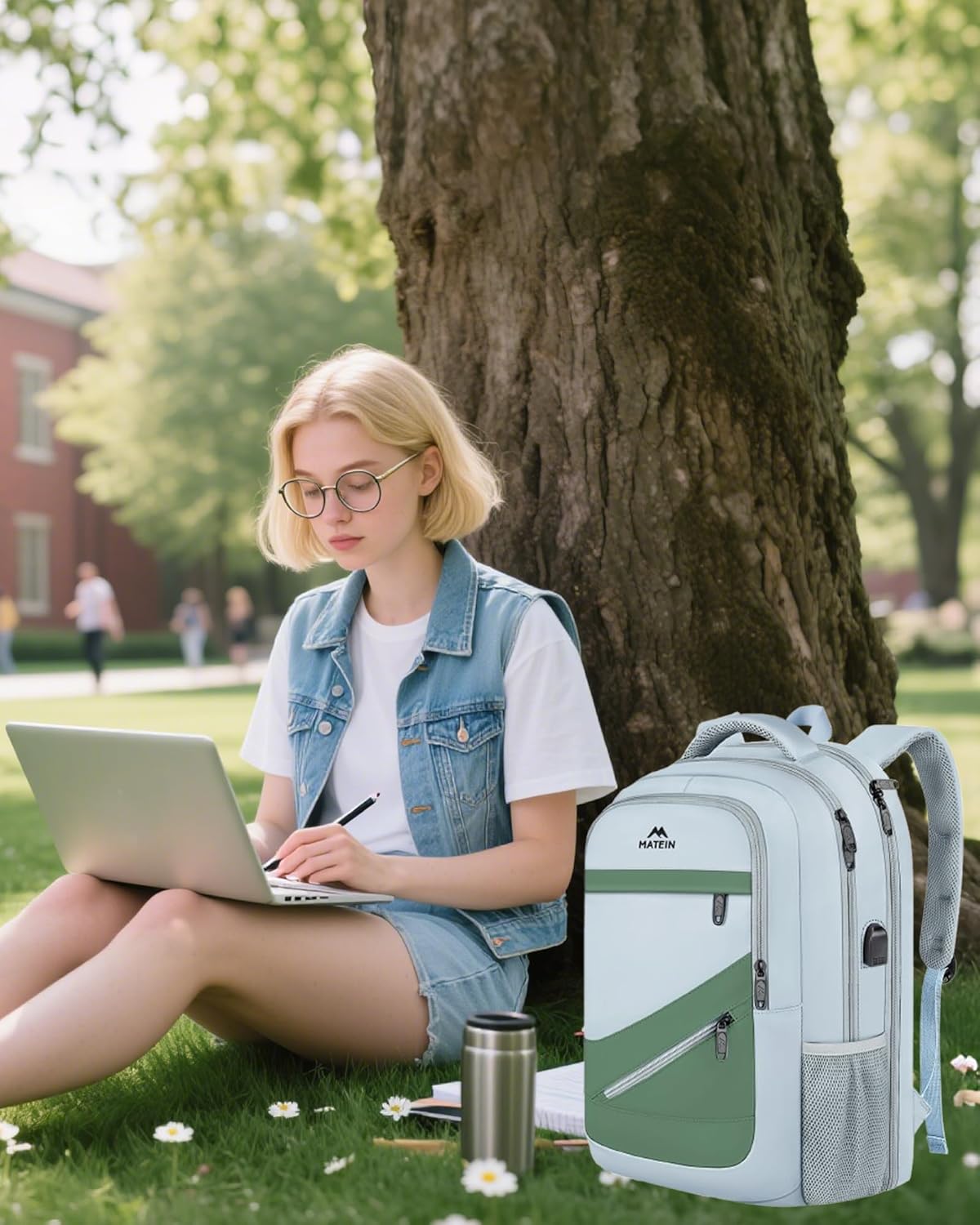 MATEIN College Laptop Backpack for Women, Stylish 17 Inch Lightweight Outdoor Bag with USB Charging Port & Luggage Strap, Water Resistant Large Travel Computer Backpack, Blue Green