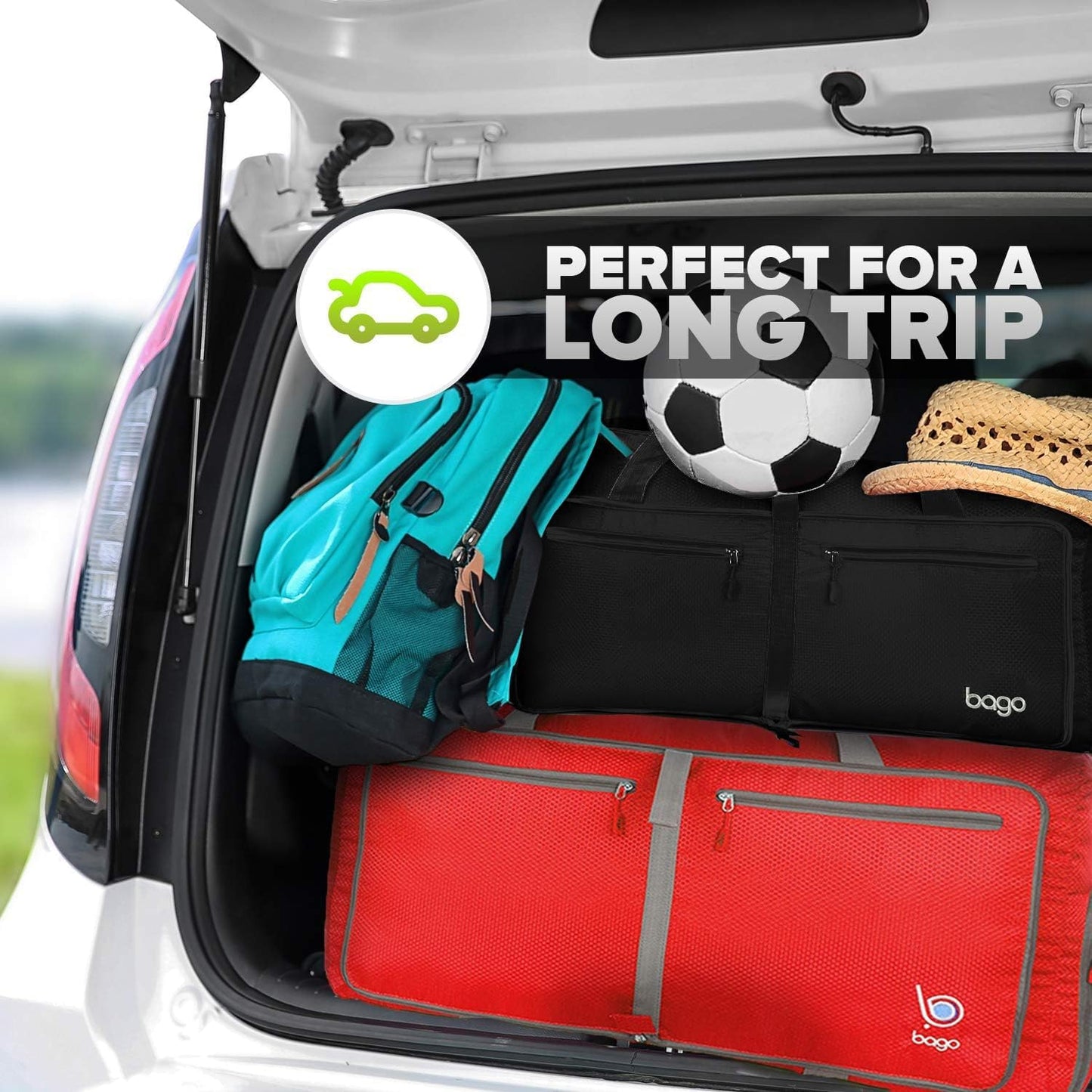 Bago Large Foldable Duffel Bags for Traveling Women & Men - 80L Packable Duffle Bag for Travel with Shoe Compartment - Water Repellant, Heavy Duty, Lightweight Folding & Collapsible (All Black)