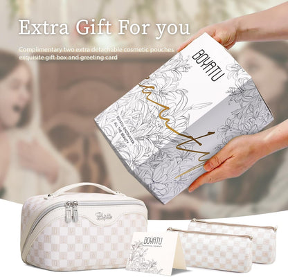 BOYATU Travel Makeup Bag Cosmetic Bags for Women: 3 Pcs Set Portable Make up Bag with Handle - Vegan Leather Toiletry Bags with Compartments - Makeup Organizer for Travel Essentials(02-White)