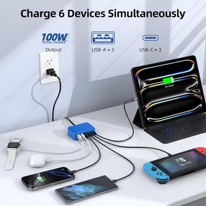 USB C Charger Block, 100W GaN 6 Port PD USB C QC USB A Wall Charger Adapter Plug Cube, Super Fast Type C Charging Station Hub for iPhone 16 15 14 13 12 Pro Max iPad Samsung Pixel 5ft Extension Cord