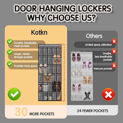 Over the Door Shoe Organizer with 30 Breathable Mesh Pockets - Large Capacity Closet Storage for Men & Women, Hanging Shoe Rack Organizer -Gray