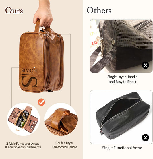 Personalized Leather Toiletry Bag for Men - Double Layer Reinforced Handle,Large Water Resistant Shaving Dopp Kit,Travel Essential,Wedding Groomsmen Gift