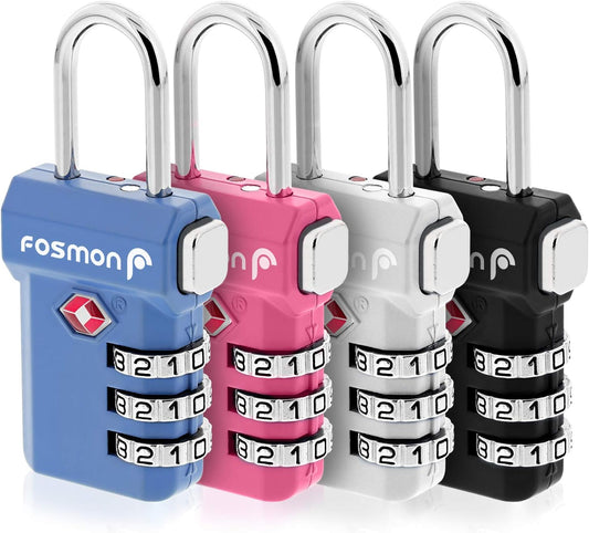 Fosmon TSA Approved Luggage Locks, Suitcase Travel Lock with Push Release Button, 3 Digit Combination Padlock for Gym Locker, Backpack Zipper- 4 Pack