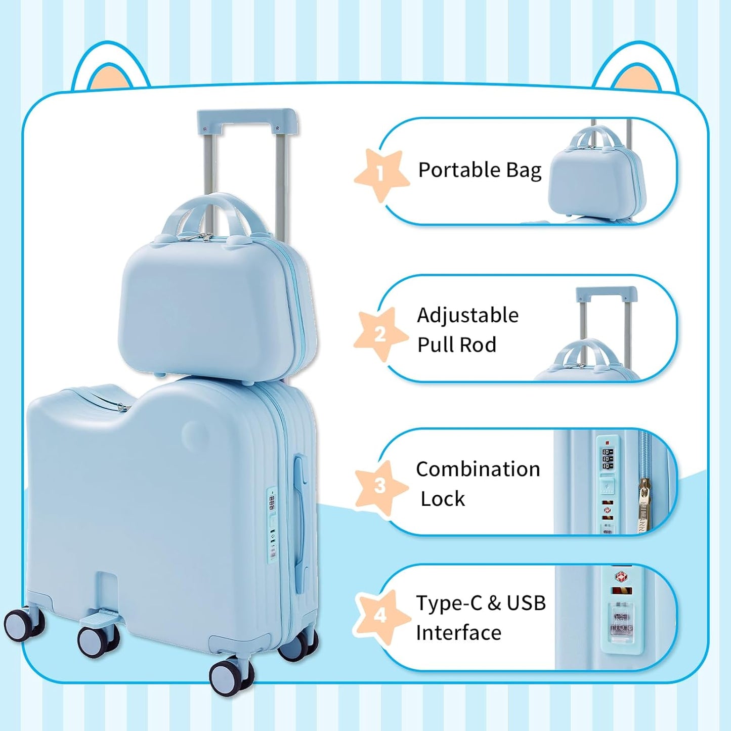 TABU Ride-on Luggage with Handbag for Kids，Hardshell Carry On Suitcase with Hidden Cup Holder, Foldable Pedal,Type-C & USB Interface, TSA Lock, 6-Spinner Wheels, Blue