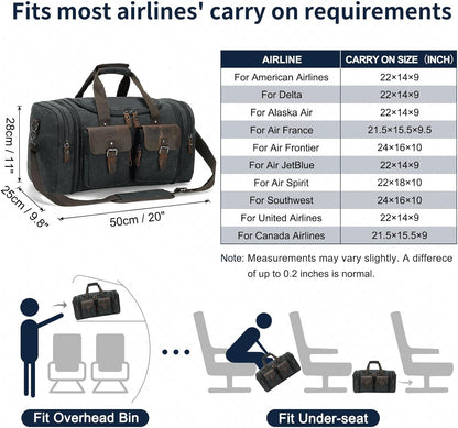 Canvas Duffle Bag with Genuine Leather Accents, Expandable 20-23 Inch Travel Weekender, Multiple Pockets, Black