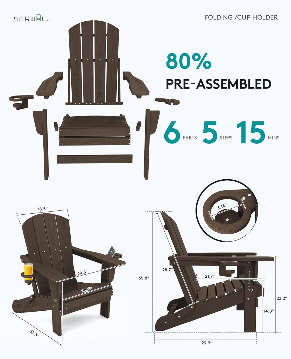 SERWALL Adirondack Chair with Cup Holders - Composite Adirondack Chairs Set of 8 HDPE Outdoor Chairs All Weather Use- Coffee
