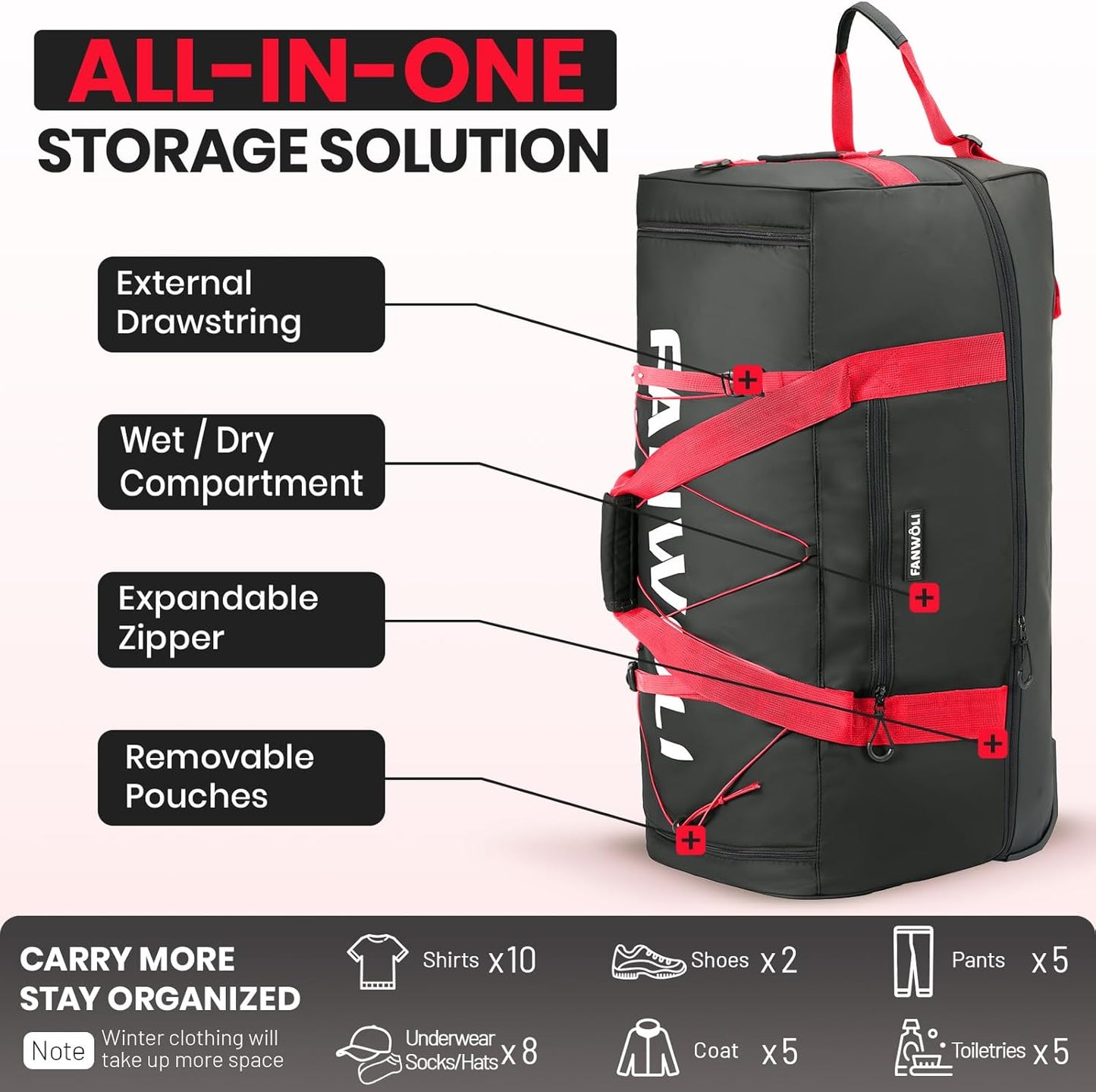 Fanwoli 30'' Rolling Duffel Bag with 2 Wheels - No-Sag Design for Heavy Loads, Expandable 100L-120L Luggage with Soft Handle & Lock, Waterproof Foldable Lightweight with for Travel, Camping,Moving