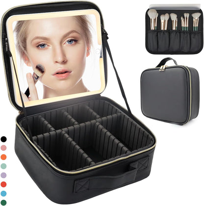 Travel Makeup Bag with LED Lighted Mirror, Travel Makeup Organizer,3 Color Setting Cosmetic Makeup Box, Adjustable Dividers and Brush Holder（black）
