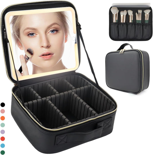 Travel Makeup Bag with LED Lighted Mirror, Travel Makeup Organizer,3 Color Setting Cosmetic Makeup Box, Adjustable Dividers and Brush Holder（black）