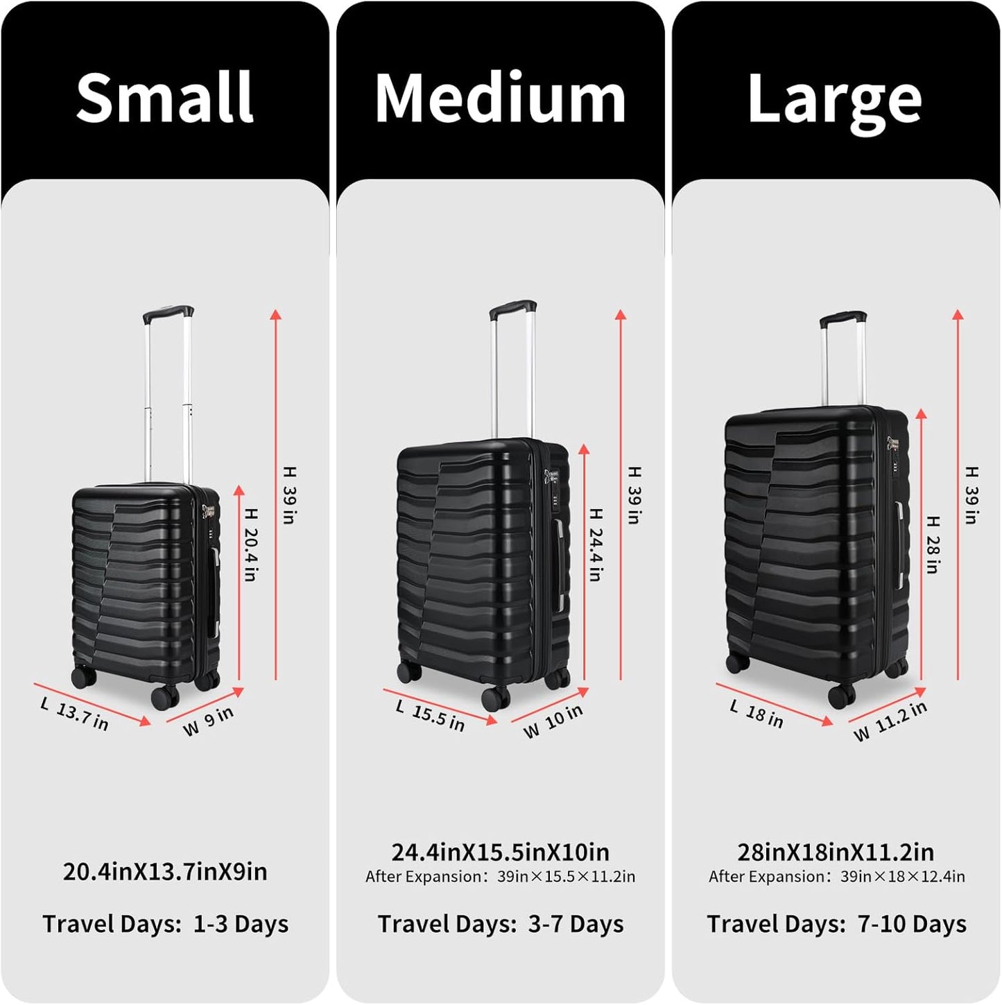 Lightweight Luggage with Spinner Wheels & YKK Zipper, Hard Shell 3-Piece Suitcase ABS+PC Hardside Luggage Set with TSA Lock for Men Travel, Black (20+24+28 inch)
