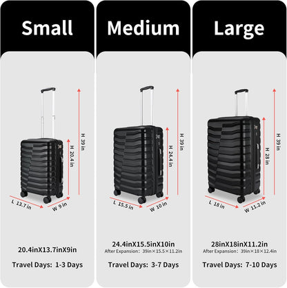 Lightweight Luggage with Spinner Wheels & YKK Zipper, Hard Shell 3-Piece Suitcase ABS+PC Hardside Luggage Set with TSA Lock for Men Travel, Black (20+24+28 inch)