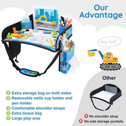 Kids Travel Tray, Kids Travel Trays for Car Seat, Road Trip Essentials for Toddler, Carseat Lap Tray with Dry Erase Board & Storage Organizer for Road Trip Activities for Kid, Light Blue