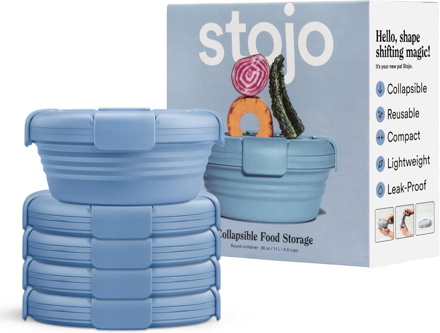 STOJO Collapsible Bowl 5 Set - Steel, 36oz - Reusable Silicone Bowl for Hot and Cold Food - Perfect for Travel, Meal Prep, To-Go Lunch, Camping & Hiking - Microwave & Dishwasher Safe