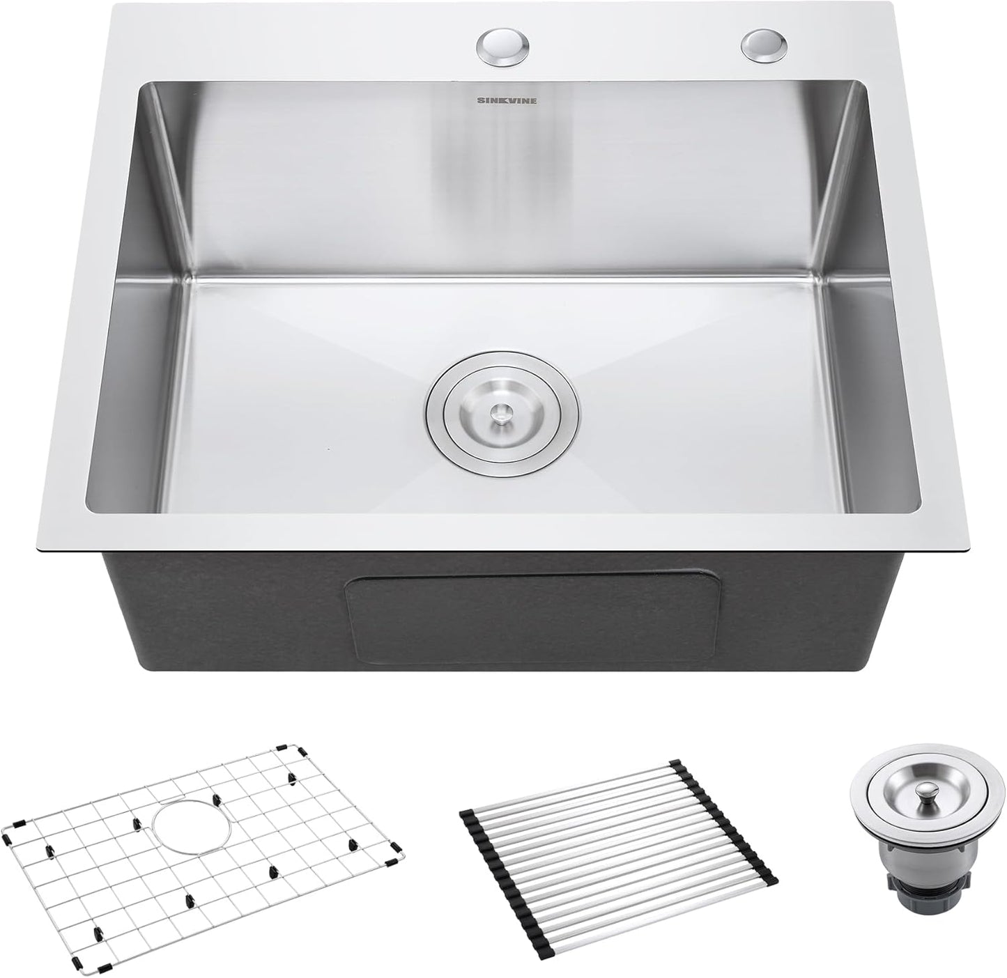 22 Inch Drop-In Kitchen Sink, SINKVINE 22" x 18" Stainless Steel Indoor and Outdoor Sink, Top Mount Deep Single Bowl Sink for Laundry, Wet Bar, RV, w/Drain Strainer, Bottom Grid, Roll-up Drying Unit