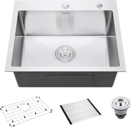 22 Inch Drop-In Kitchen Sink, SINKVINE 22" x 18" Stainless Steel Indoor and Outdoor Sink, Top Mount Deep Single Bowl Sink for Laundry, Wet Bar, RV, w/Drain Strainer, Bottom Grid, Roll-up Drying Unit