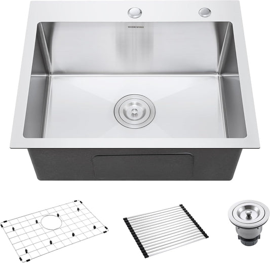 22 Inch Drop-In Kitchen Sink, SINKVINE 22" x 18" Stainless Steel Indoor and Outdoor Sink, Top Mount Deep Single Bowl Sink for Laundry, Wet Bar, RV, w/Drain Strainer, Bottom Grid, Roll-up Drying Unit