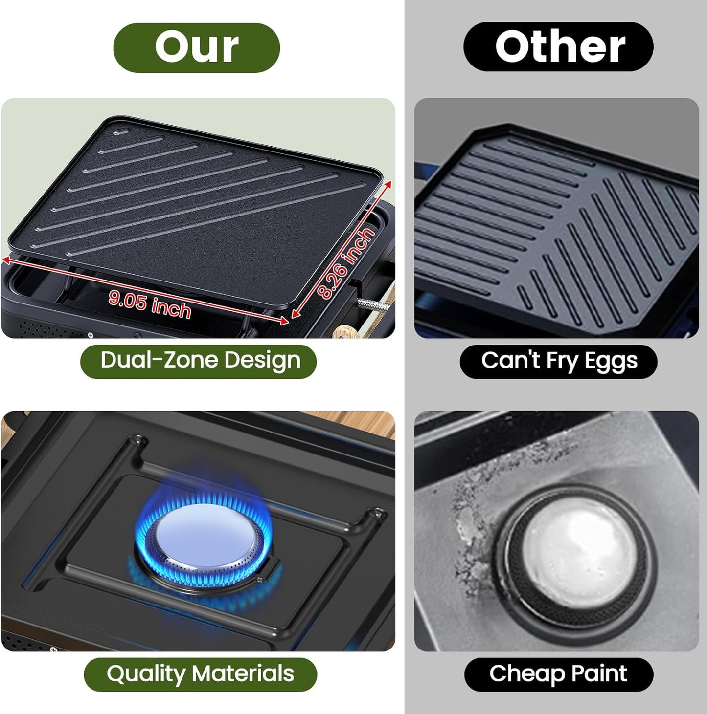 OGERY 2-Burner Foldable Camping Stove with Griddle (Textured & Smooth) and Carrying Bag, Portable Propane Camp Stove with 2 Adjustable Burners & Piezo Ignition, for Camping Tailgating Essentials Gear