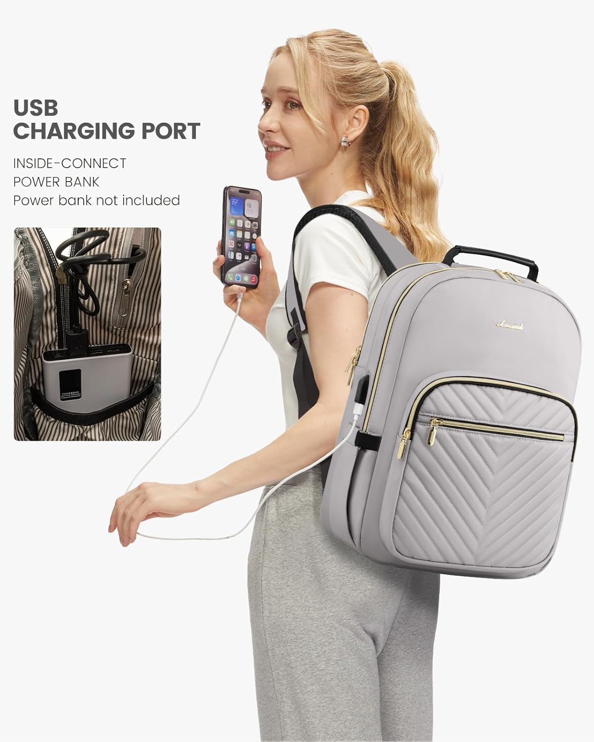 LOVEVOOK Laptop Backpack Purse for Women, Work Travel Computer Bags, College School Backpack for Student Girl, Quilted Casual Daypack with USB Port, Fit 15.6 Inch Laptop, Grey