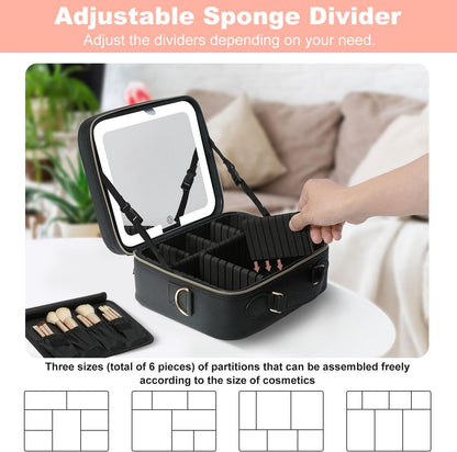 Mocado Travel Makeup Bag with LED Lighted Mirror,Travel Makeup Organizer,Makeup Case with 3 Color Lighted Setting and 10x Magnifying Mirror,Portable Storage and Adjustable Dividers Makeup Box(Black)