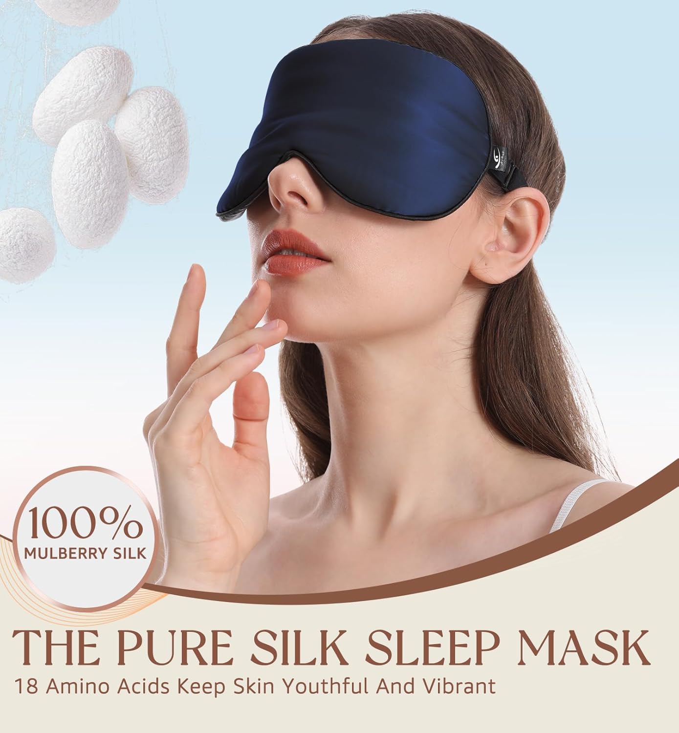 HiRui Silk Sleep Mask, 100% Natural Mulberry Silk of Double-Sided & Inner-Filling, Ultra-Smooth Soft, Adjustable Strap, Blocks Light for Night Sleeping, Travel, Office Naps (Navy Blue)