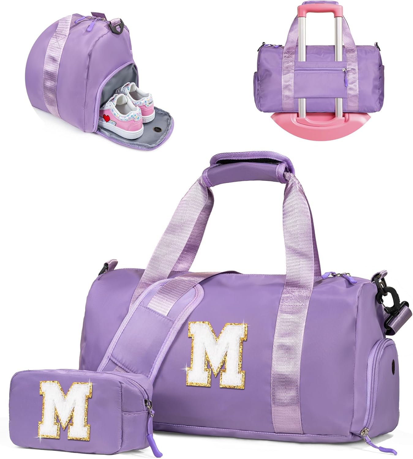 Gifts for 3 4 5 6 7 8 9 10 Year Old Girls-Girl Gym Bag with Shoe Compartment, Kid Personalized Weekender Overnight Bags, Initial Travel Tote with Makeup Pouch, Graduation Gift (Letter M)