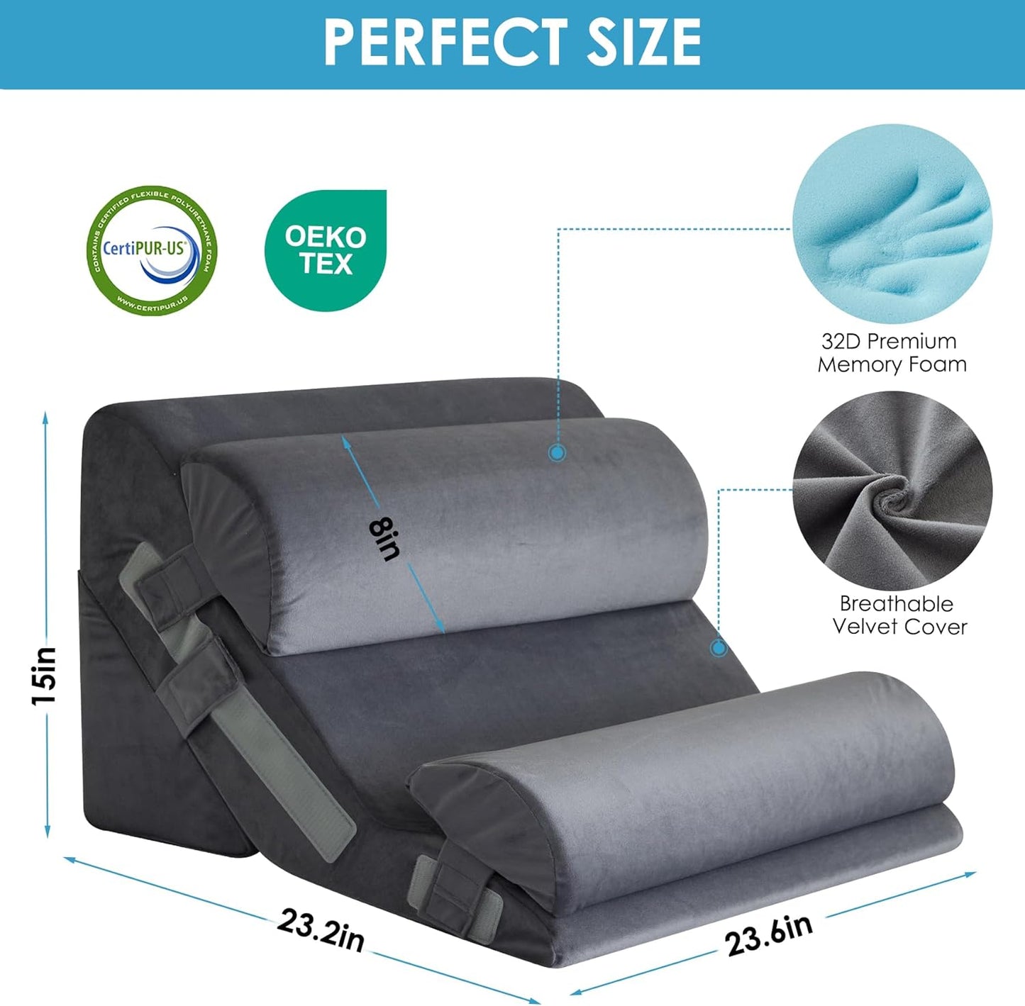 4PCS Bed Wedge Pillow for Headboard, Adjustable Wedge Pillow for Sleep Apnea, 23” Wide Triangle Pillow Wedge Set for After Surgery, Acid Reflux Relief, Snoring, Neck&Back Support, Grey