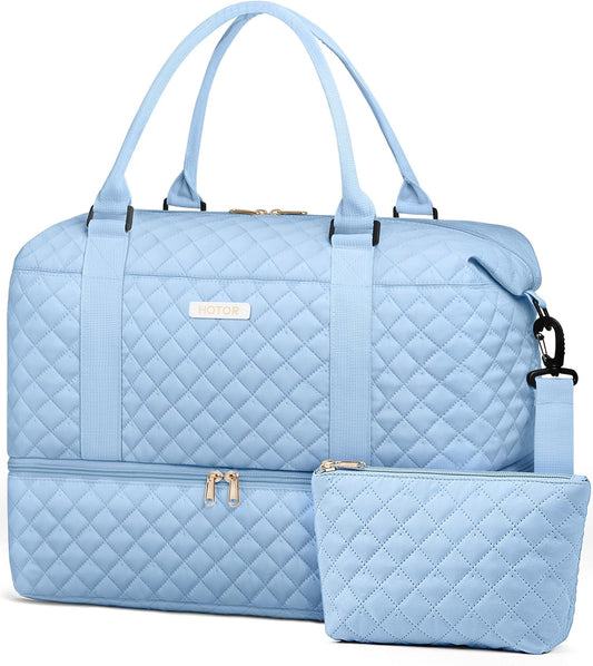 HOTOR Travel Duffel Bag - Weekender Bags for Women, Carry On Overnight Bag with Shoe Compartment, with Toiletry Bag for Travel Essentials and Travel Accessories, Blue, 13.4"×17.3"×7.9"