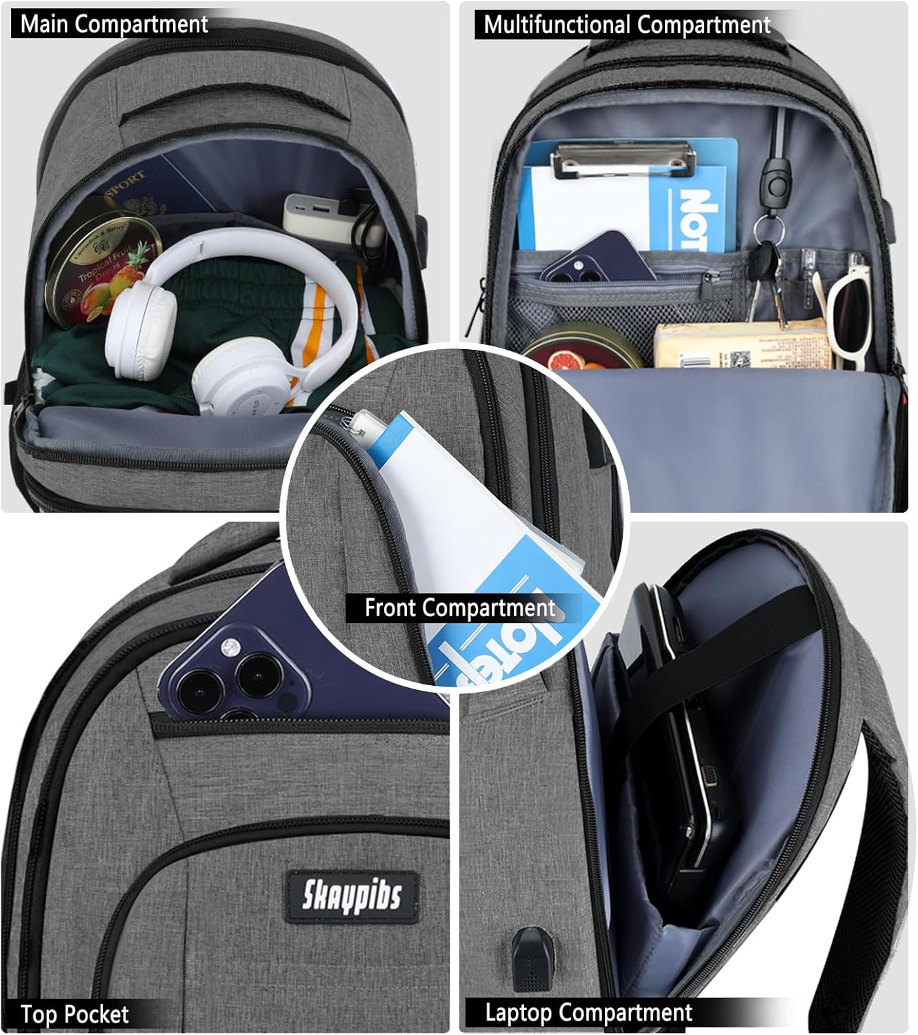 Backpack for Men Women, Travel School Backpacks for Teen Boys, Bookbag with USB Charging Port, Anti Theft College Students Backpack Fits 15.6 Inch Laptop, Casual Work Business Back Pack, Grey