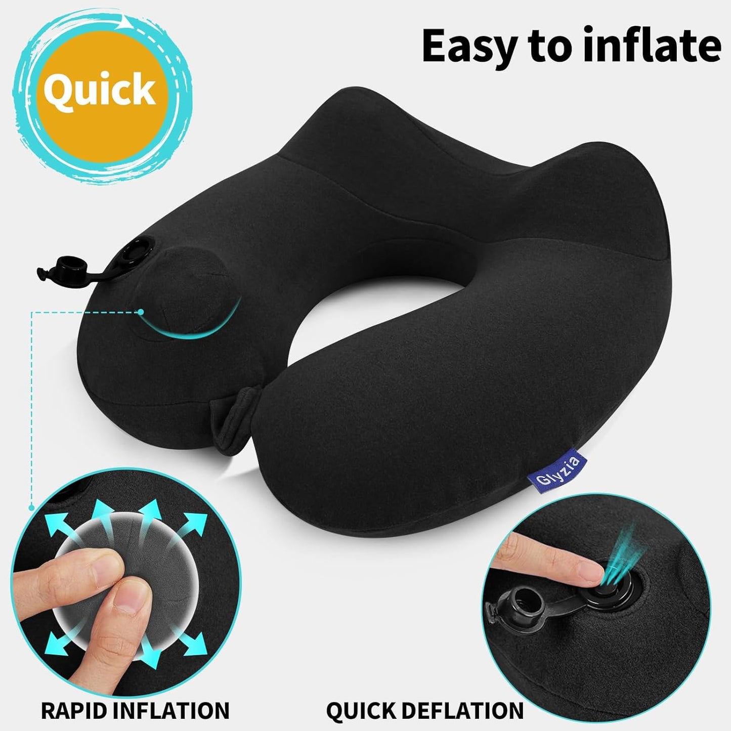 Inflatable Travel Neck Pillow for Airplane, Head Support Velvet Adult Neck Pillow for Long Flight, Kit with Eye Mask, Earplugs and Storage Bag,1, Black