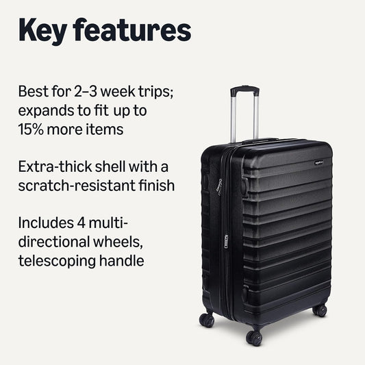 Amazon Basics 30" Hardside Large Checked Luggage, Hardshell Suitcase With Wheels, Expandable For Up to 15% More Space, With Scratch-Resistant Surface, Four Multi-directional Wheels, Black