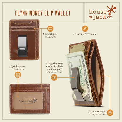 House of Jack Co. Flynn Hinged Money Clip Wallet for Men, Slim Front Pocket Card Holder, Full Grain Cowhide Leather Wallet, Brown