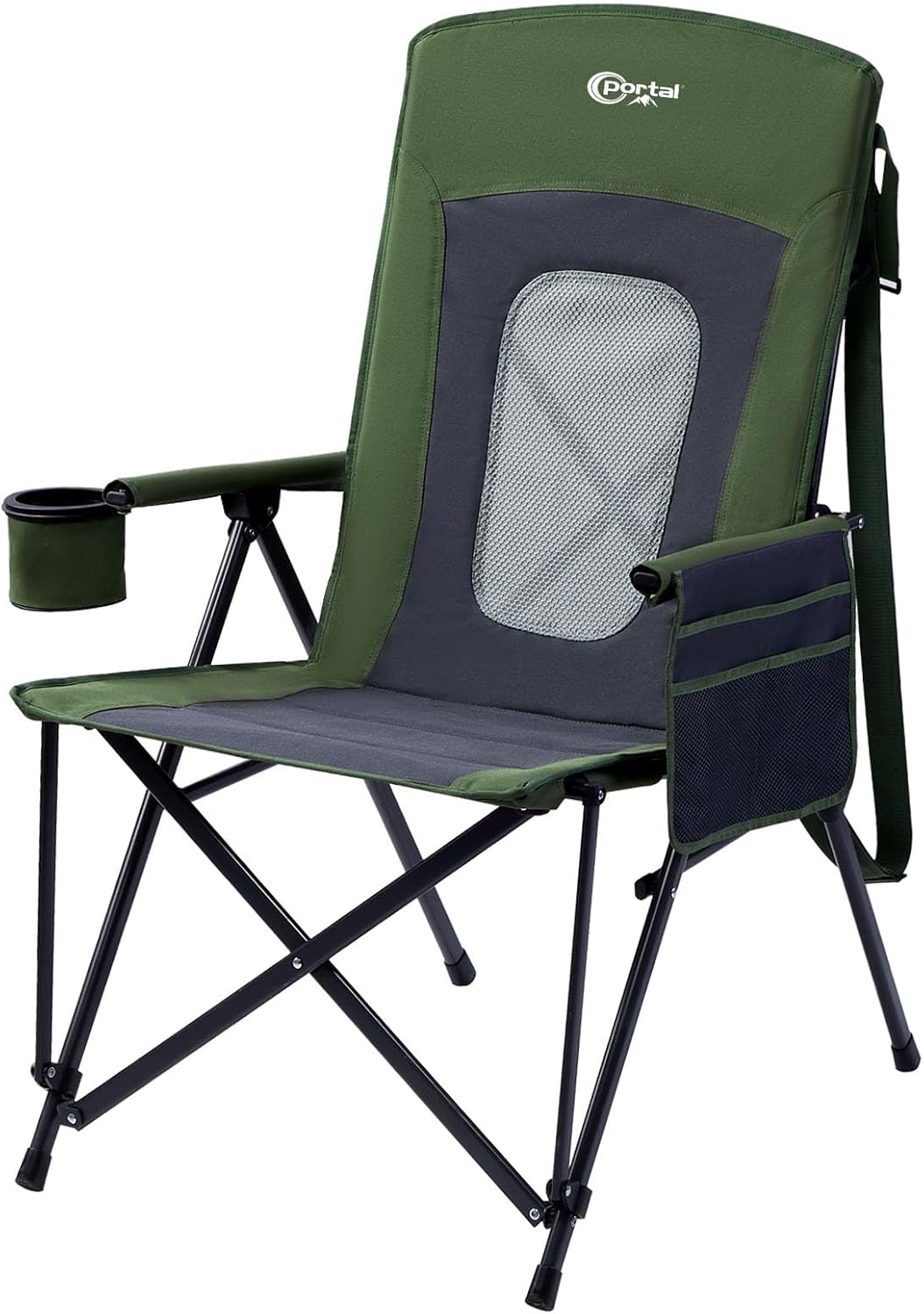 PORTAL Oversized Folding High Back Portable Lawn Chairs for Adults Outdoor Camp Sports Hunting Fishing Backyard with Hard Armrest Cup Holder Carrying Strap, Supports 400LBS, Green