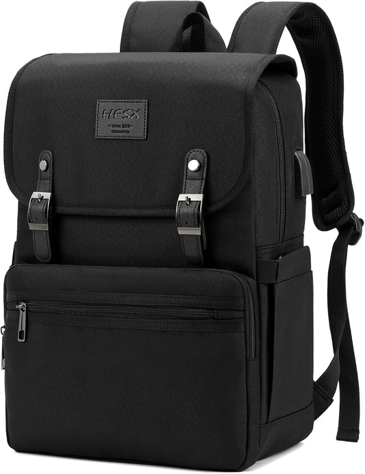 HFSX Vintage College Laptop Backpack for Women & Men - with USB Charging Port (Black, Fits 15.6 inch Notebook)